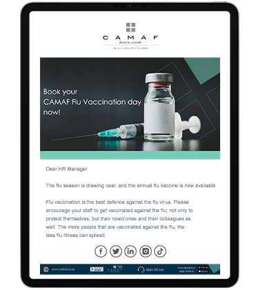 A "Book your CAMAF Flu vaccination day now!' bulk email in a tablet. 