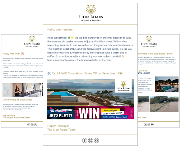Three overlapping bulk email examples from Lion Roars Hotels & Lodges