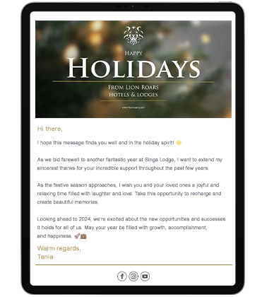 An example of a Happy Holidays bulk email from Lion Roars Hotels & Lodges, in a tablet screen. 